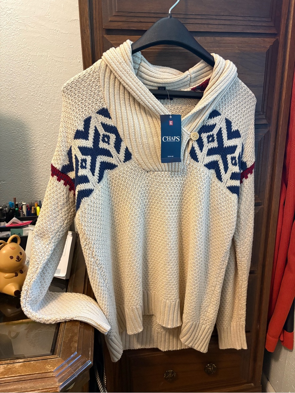 NWT Chaps Cream Cowl Neck Sweater with Navy & Burgundy Accents